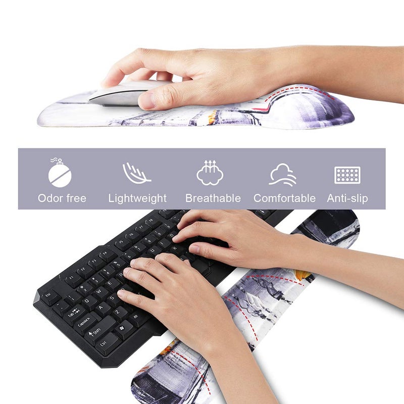 iVeze Mouse Pad with Wrist Support and Keyboard Wrist Rest Pad Set,Ergonomic Mouse Pads for Computers Laptop,Non-Slip Comfortable Mousepad w/Raised Memory Foam for Easy Typing Pain Relief (Eiffel Tower) - Image 3